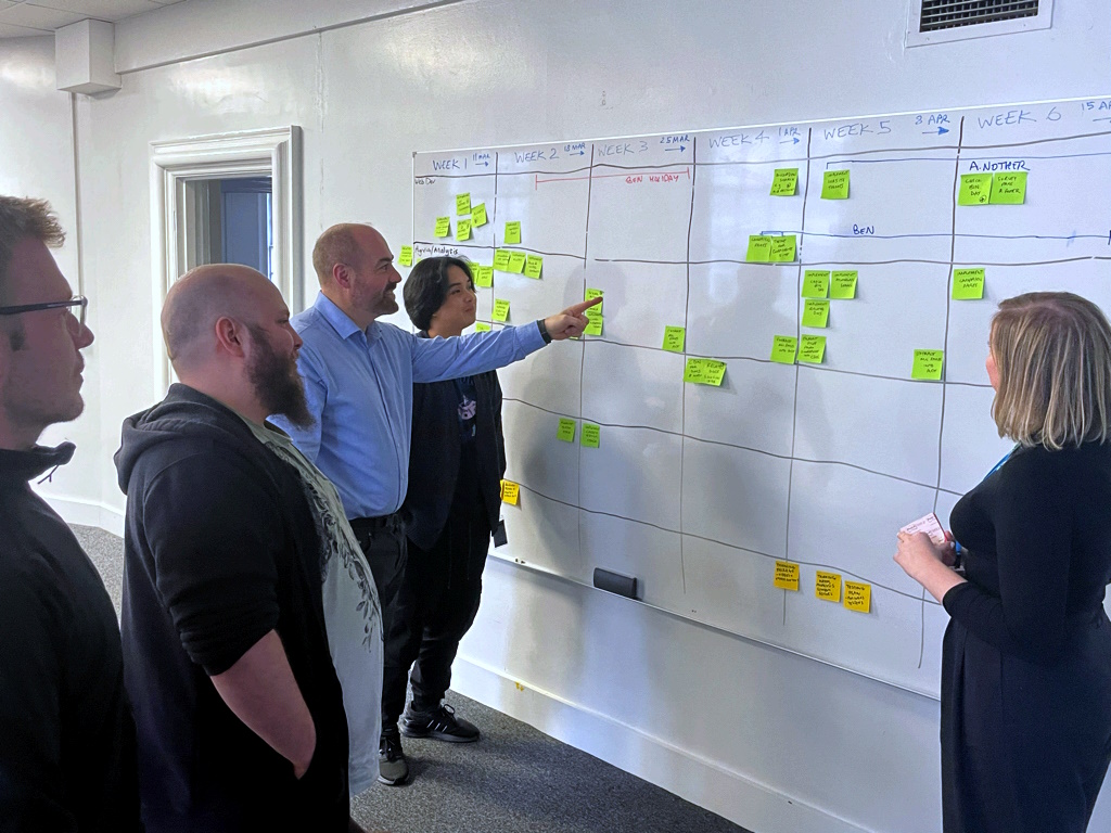 Picture of web team working at a kanban board
