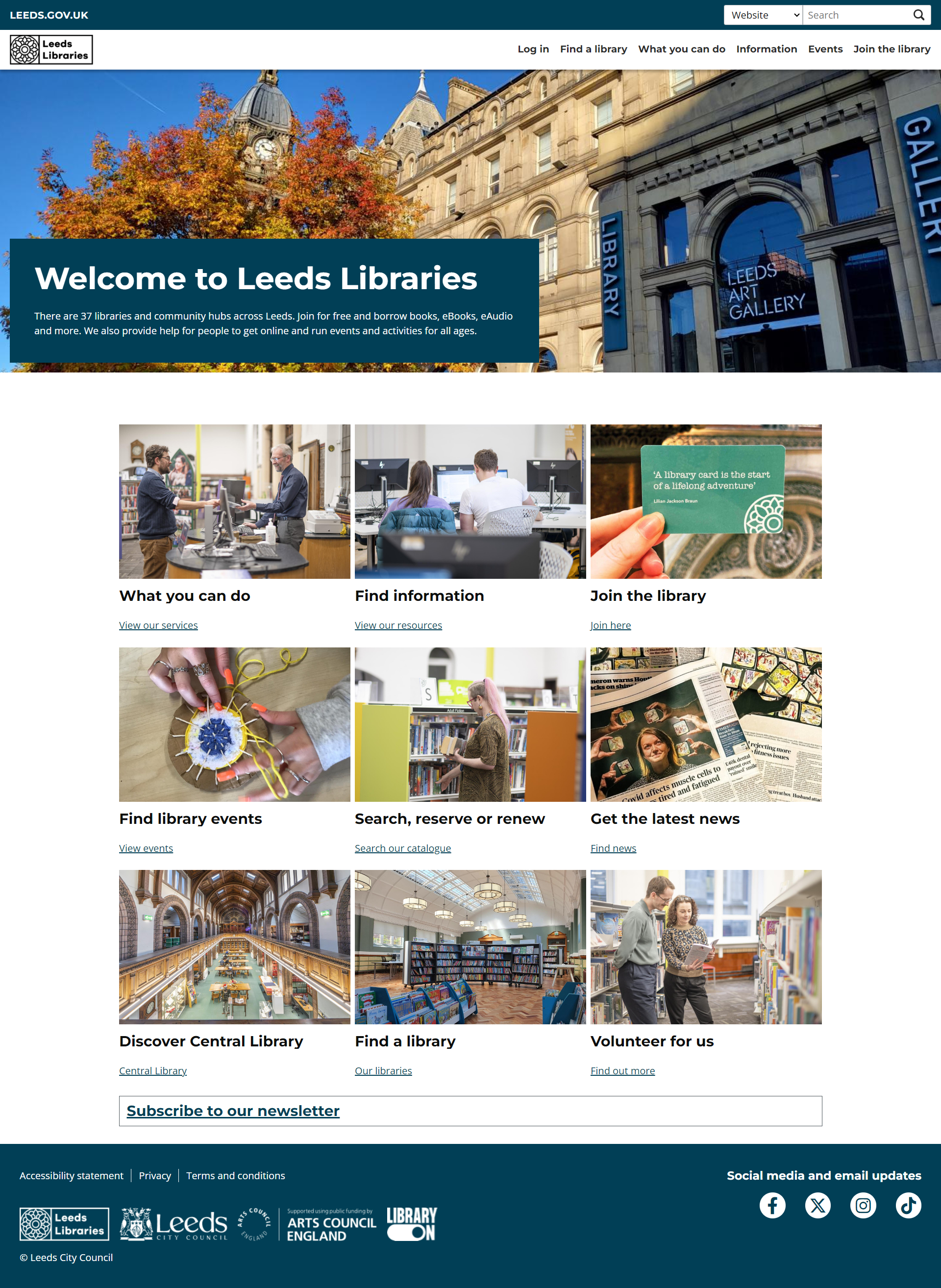 Screen capture of Leeds Libraries homepage
