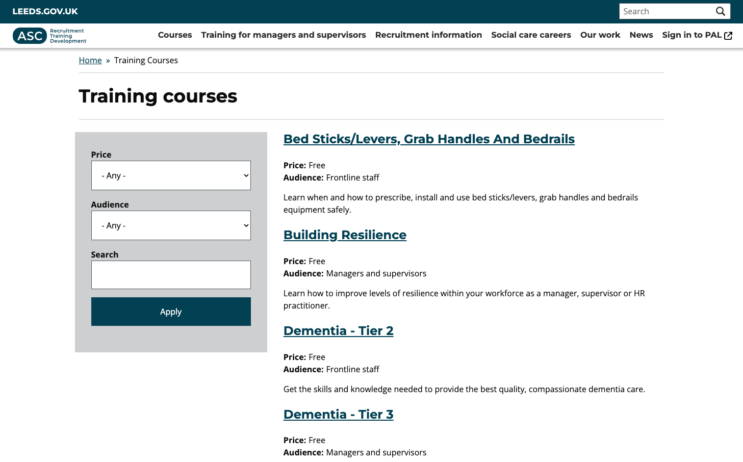 screenshot of ASC training website showing courses