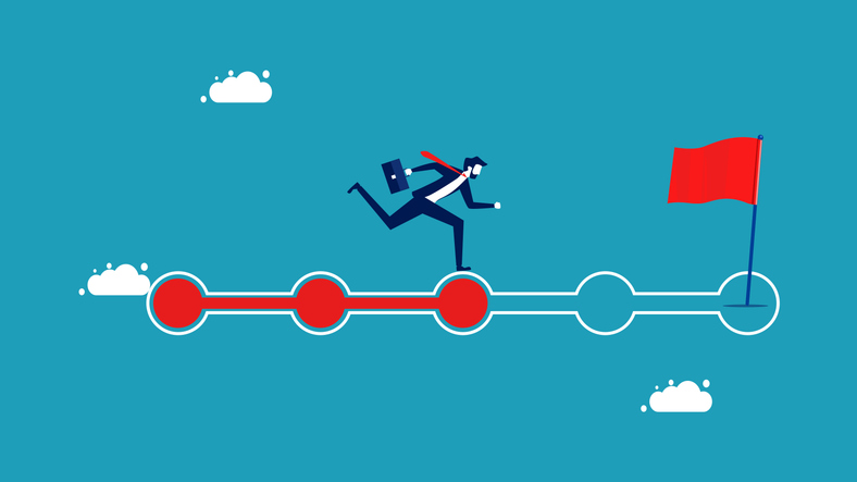 Graphic depicting a man running towards the finish line